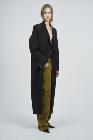 CHENILLE MID LEG DOUBLE BREASTED LONG COAT | DARK BROWN