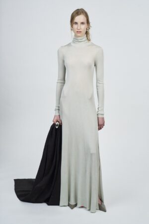 LIQUID RIBBED SLITTED TURTLE NECK LONG DRESS | ACQUA
